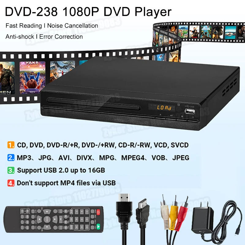 Lettore DVD DVD 238 Lettore DVD HD 1080P Lettore DVD multimediale domestico Box per TV Lettore CD DVD Sistemi Home Theatre Compatibile con HDMI