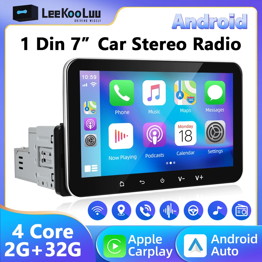 LeeKooLuu Android 13.0 autoradio 1 Din 7 ''IPS Touch Screen 1Din 2 + 32G Wireless Carplay Android Auto Multimedia Player WiFi GPS