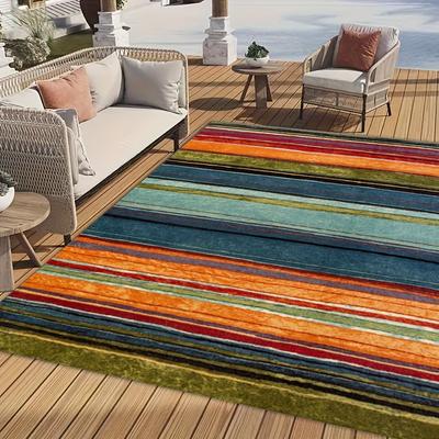 TEMU 1pc Rainbow Striped Outdoor Rug, 850g Polyester Non-slip Machine Washable Mat For Patio, Lawn, Rv Camping, Porch, Deck, Balcony - 0.8cm , , Easy To Clean Image