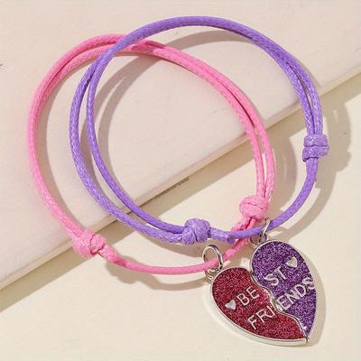 TEMU Love Bracelets 2pcs Bestie Girl Heart Shaped Hand Rope, Best Gift For Image