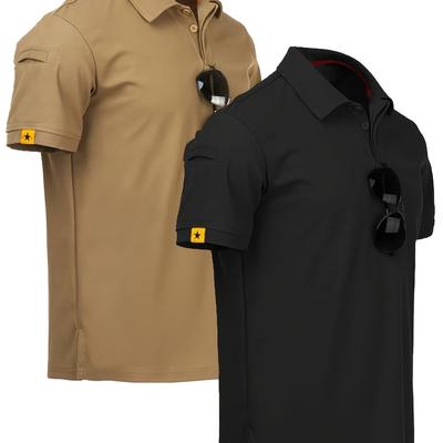 TEMU 2pcs Men's Breathable Shirts - Fit, Short Sleeve, Solid Color With Collar & Chest Pocket, Lightweight Fabric For Casual, Outdoor, And Sportswear Image