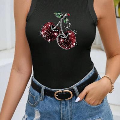 TEMU Women's Chic Top With Sparkling Cherry Print - Casual, Sleeveless, Knit Viscose Top For Commuting, Casual Attire|cherry Print Top|knit Construction Image