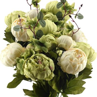 TEMU 1pc Mixed Cream Beige And Moss Green Vintage Artificial Flower Peonies 2 Bouquets Floral Image