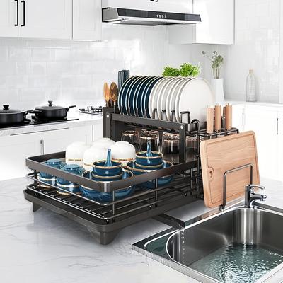 TEMU 2-tier Foldable Dish Rack - Large Capacity Space-saving Black Iron Kitchen Organizer For Dishes, Pots, Pans & Utensils With Drainage System, Sturdy Countertop Storage, Dish Drying Rack Image
