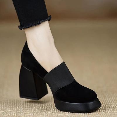 TEMU Single Shoes High Heels(5-8cm) Bagged 718.00 Pu Chunky Heel Deep Mouth Rubber Slip-on Square Toe Low-cut Shoes Image