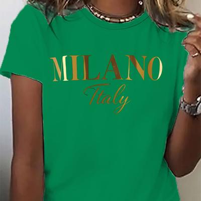 TEMU Italy Golden Letter Print Women's T-shirt, Casual Round Neck Short Sleeve Tee, Fashion Top, Casual Wear| Print|intricate Lettering Image