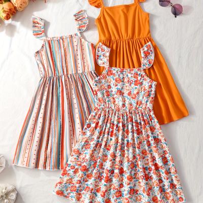 TEMU 3pcs Girls Summer Dress Set, Sleeveless Square Neck Casual Sundresses With Ruffle Detail, Floral & Striped Patterns, Polyester 100%, Medium Stretch Knit Fabric, Long Length - & Vacation Outfits Image