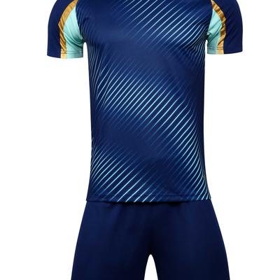 TEMU 2pcs Summer Football Training Running Sports Set, Stitched Geometric Stripe Breathable Short Sleeve T-shirt And Quick-drying Shorts Se Image