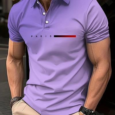 "TEMU Men's Fashionable "paris" Print Button-up Shirt - Casual, Stretchy Fabric, Short Sleeve, Regular Fit, Ideal For Golf And Sports, Casual Golf Attire | Letter Print | Stretchy Fabric" Image