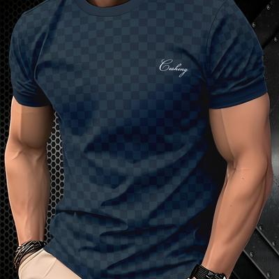 "TEMU Men's Navy Blue Checkered T-shirt - Casual Crew Neck, Short Sleeve, Lightweight Polyester Tee With "crown" Design, Casual Attire" Image