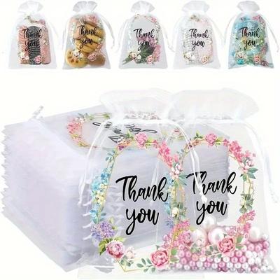 TEMU 30 Pack Floral Thank You Gift Bags 4x6 Inch - Durable Mesh Material For Wedding Party Favors, Makeup Bags, Or Party Favors Image