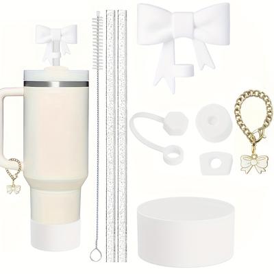 TEMU Cup Accessories Set For 40oz/30oz Tumbler, 2pcs Glitter Straw And 1pc Brush, 1pc Bow Straw Cover Cap, 3pcspill Proof Stopper, 1pc Silicone Boot, 1pc Bow Charm Chain, Outdoor Activities Image