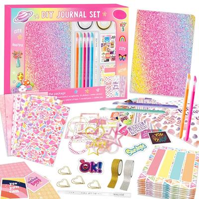 TEMU 91pcs Girls' Diy Journal Kit, Pink Glitter Cover, College Ruled Paper, Writing & Drawing Set, Assorted Stickers & Crafts, Creative Gift For Young Girls Image