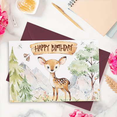 TEMU 1pc, Birthday Card Depicts A Cute Little Deer Standing In The Forest With Mountains, Trees, And Flowers In The Background. As A Gift Card, It Is Suitable For Giving To Family And Image