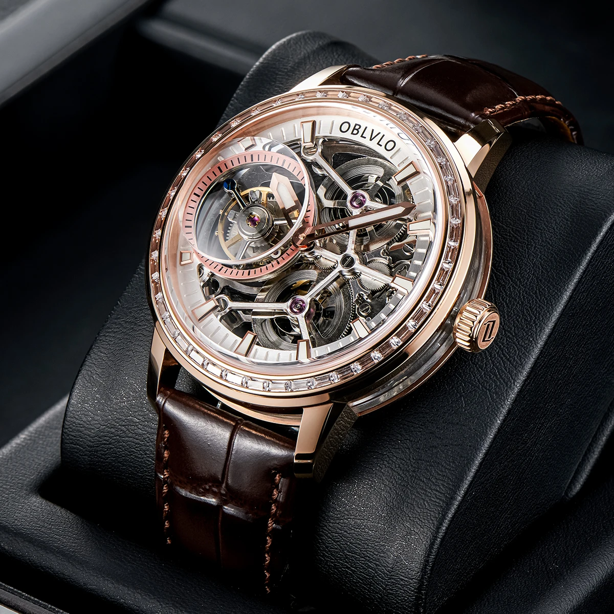 OBLVLO Designer Tourbillon Männer Mechanische Uhren Echtes Leder Diamant Lünette Stahl Skeleton Zifferblatt Handaufzug Uhren Image