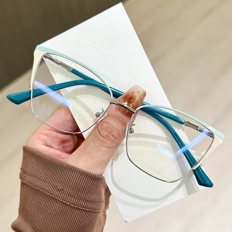Cat Eye Color Blocked Flache Brille Damen Anti Blaues Licht Brillenhalter Kein Grad Rosa Gold Dekorative Brille Image
