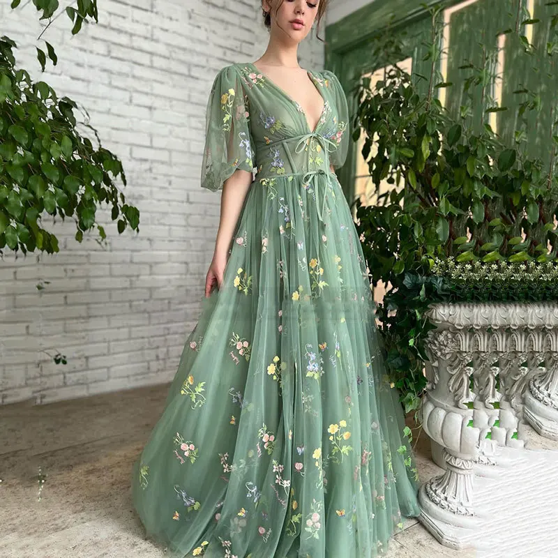 Ballkleider Grün Sexy Tiefer V-ausschnitt Puffärmel Spitze Stickerei Tüll Formale Abendgesellschaft Kleid Elegante Tee Länge Robe De Soiré Image