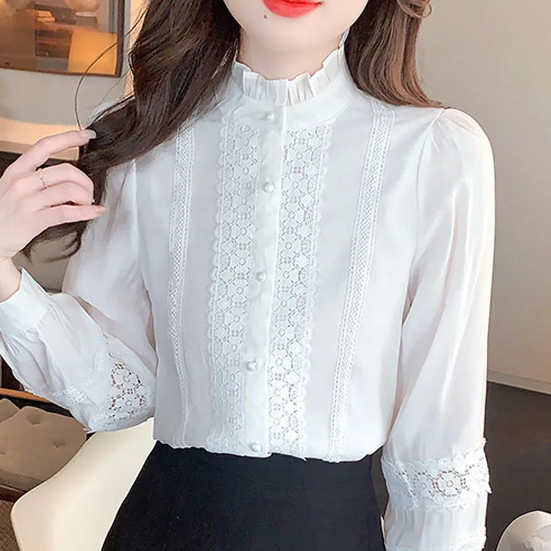 Mode Stand Kragen weiße Spitze Chiffon Frauen Bluse Hemd Tops Blusas Mujer de Moda 2024 Langarm Bluse Frauen Blusa h545
