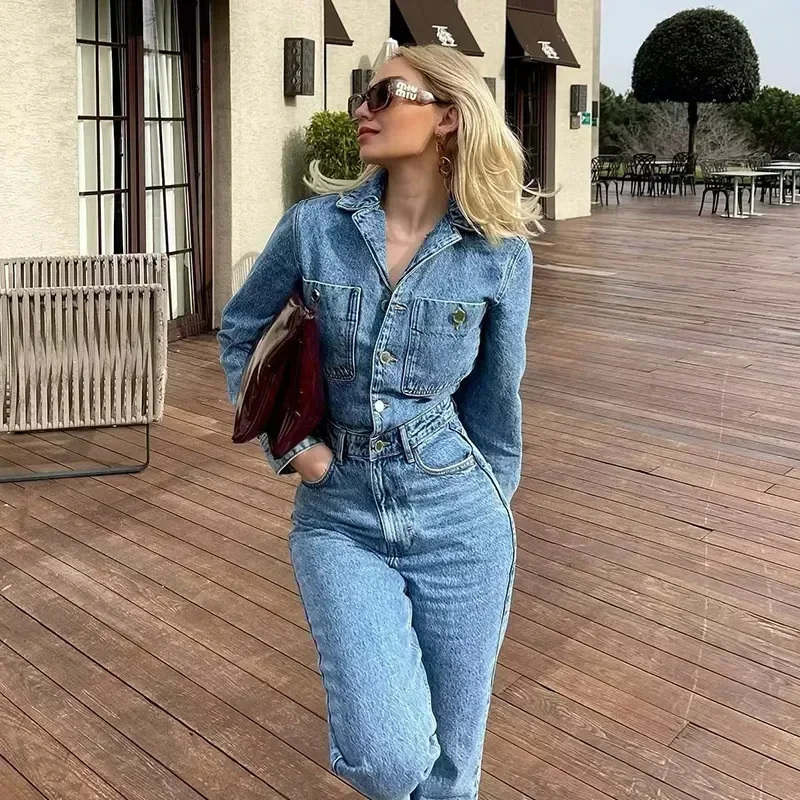 Herbst Denim Overall für Frauen Overalls Frau Jean Overalls Langarm Elegante Overalls Y2k Streetwear 2024 Drehen Unten Kragen Image