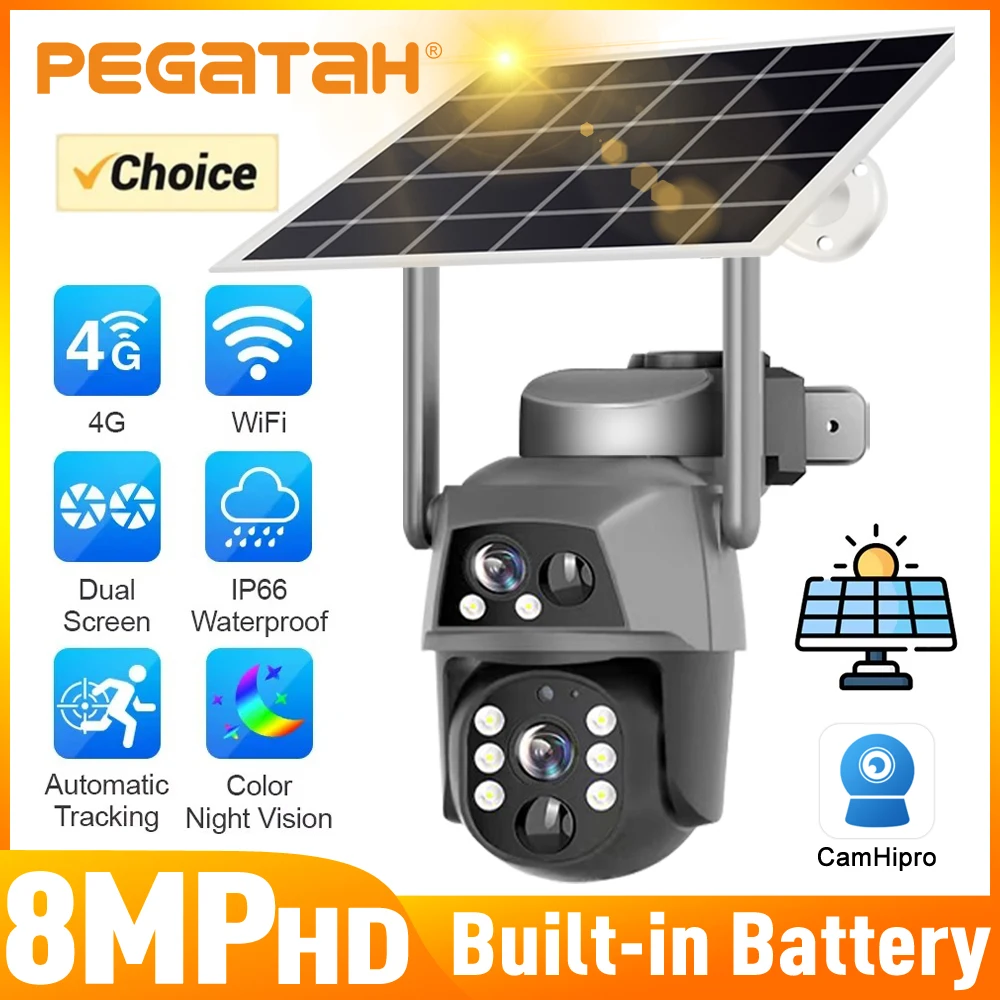 4G Solar Kamera Outdoor Dual Objektiv 8MP 4K WiFi PTZ IP Sicherheit Kamera Mit Solar Panel CCTV eingebaute Batterie Auto Tracking Cam Image
