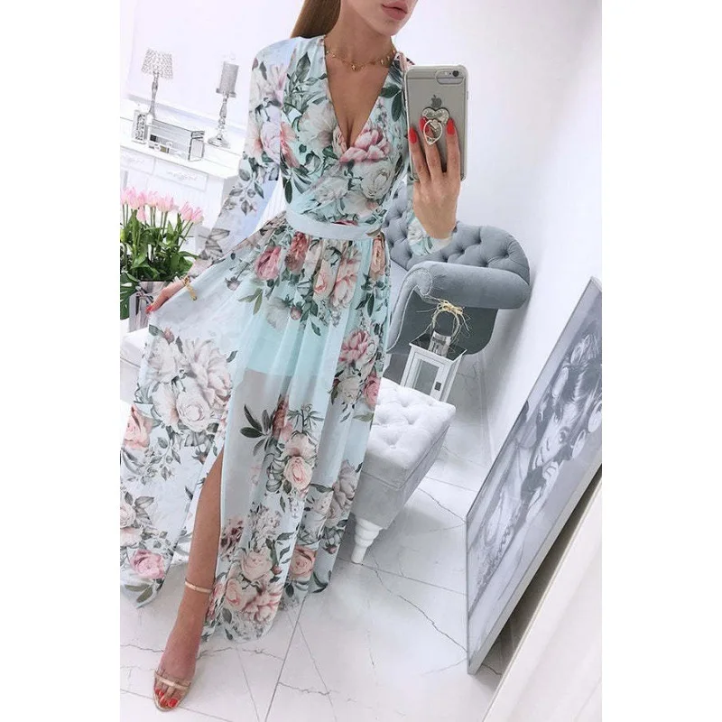 Neues langes Sommerkleid mit bedrucktem V-Ausschnitt, Chiffon, langärmeliges Kleid im böhmischen Stil, volles Rockkleid Image