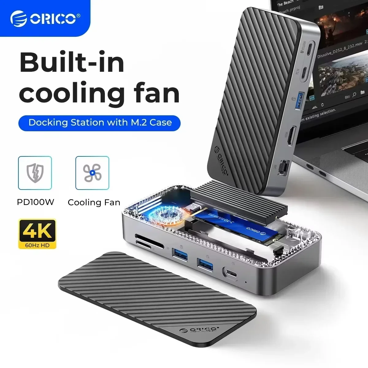 ORICO USB-C 12-in-1 Dockingstation HUB mit Kühlventilator M.2 NVMe SATA SSD-Gehäuse Externes 10Gbps HDMI-Com RJ45 SD/TF M2P11 Image