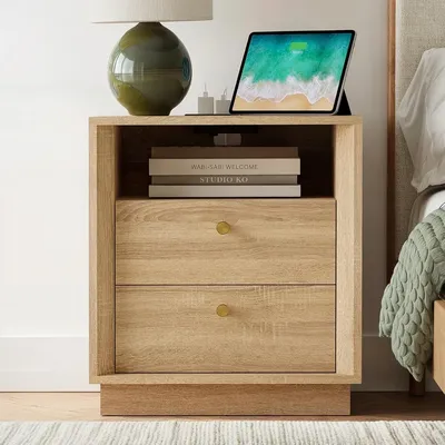 Nightstand Charging Station, Mid Century Modern Nightstand Wood Grain Texture, Boho End Table