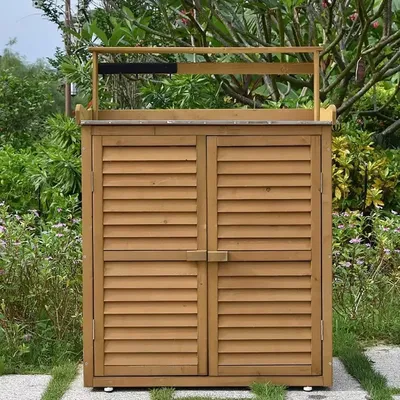Garden Potting Bench Table, Wooden Planting Workstation with Storage Shelf, Potting Work Bench