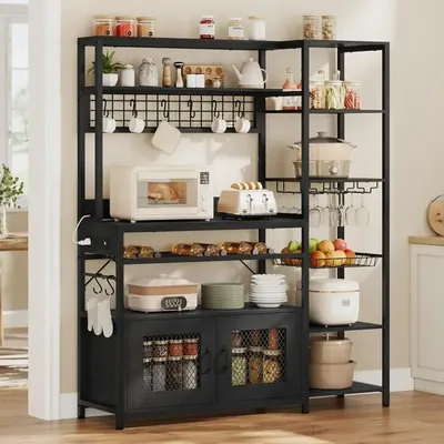 Bakers Rack with Power Outlet, 47.2in Microwave Stand with Storage Shelves, Coffee Bar with Cabinet,