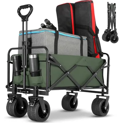 Light GreenCollapsible Foldable Beach Wagon,Folding Wagon Cart with Big Wheels,Utility Grocery