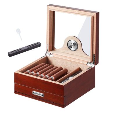 Cigar Humidor, Glass Top Cigar Humidor Box, Handmade Spanish Cedar Wood Cigar Desktop Box, Cigar Storage Case with Humidifier