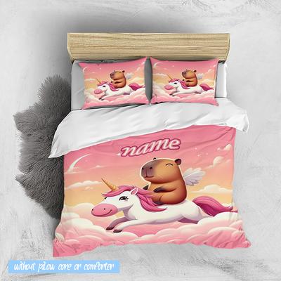 TEMU 3pcs Custom Name Cartoon Cute Capybara Bedding Set Duvet Cover Closure Includes 1 Duvet Cover & 2 Pillowcases For All Bedroom Decor Image