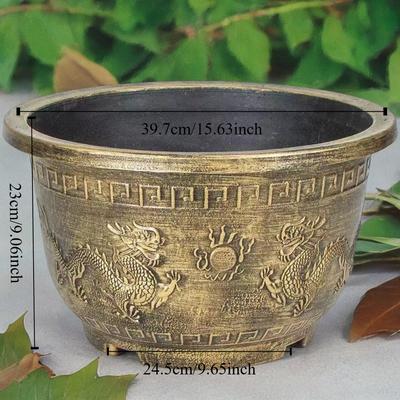 TEMU Vintage Resin Planter Pot With Double Dragon Carvings, Round Floor Mounted Flower Pot With Drainage Hole For Indoor & Outdoor Plants, Succulents, Flowers, And Image