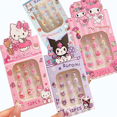 TEMU Hello Kitty Kuromi Melody Cinnamoroll Press-on Nails Set, Full Coverage Short Square Oval Shaped False Nail Tips (12pcs/box * = 48pcs Nail Tips) Image