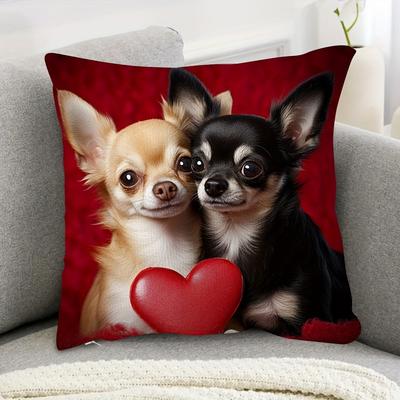 TEMU 1pc, Soft Short Plush Pillowcase, Double-sided Printed 18x18 Inch, Valentine's Day 2 Cute Chihuahua, Suitable For Office, Coffee Shop, Cabin, Sofa Decoration, No Pillow Core_lengk4629 Image