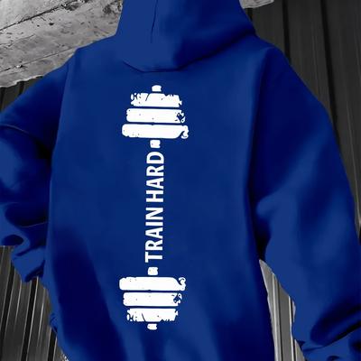 "TEMU Men' Gray Fleece-lined Hooded Sweatshirt With "" Dumbbell Print - Casual & Warm For Fall/winter, Machine Washable Polyester , Comfy Sweatshirt" Image