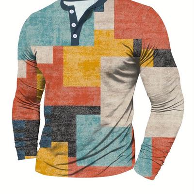 TEMU Men's Geometric Print Henley Shirt - Stylish Long Sleeve, Round Neck With Button , Vibrant Design, Polyester , , Regular Fit For Adults, Adult Clothing | Modern Casual Shirt | Button Shirt Image