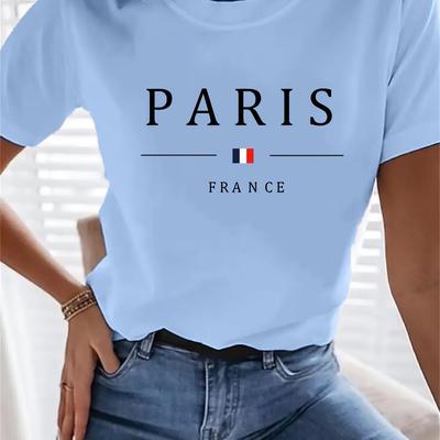 TEMU Women's Red Paris Graphic T-shirt - Casual Short Sleeve Tee With French , Soft & Breathable Fabric For Spring/summer, Spring Summer Tee | Paris Themed Apparel | Nontransparent Material Image