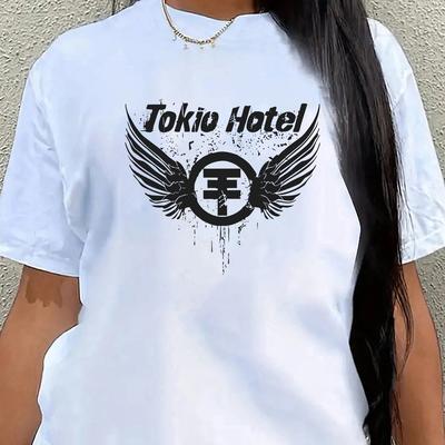 TEMU 1pc Women's Casual Short Sleeve T-shirt - Black High Elasticity Round Neck Top With Wing & Print, Machine Washable , Perfect Gift For Image