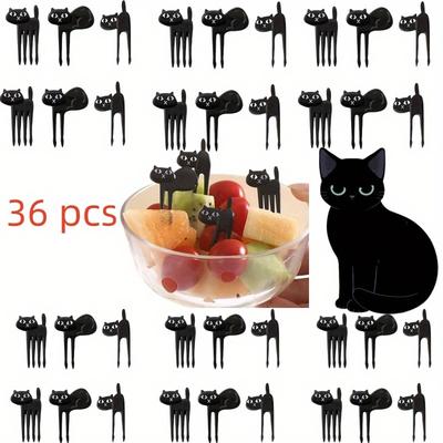 TEMU 36pcs Cute Black Cat Fruit Fork Dessert Forks - Reusable Fruit And Snack Picks, Mini Dessert Forks Suitable For Lunch Boxes, Parties And Gatherings, Fun Image