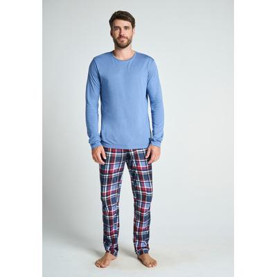 Pyjama JOCKEY "NIGHT & DAY PYJAMA 1/1 KNIT", Herren, Gr. XXXL, blau (blau check), Single Jersey, Obermaterial: 50% Baumwolle, 50% Modal, kariert, unifarben, casual, bequem lang, Rundhals, Langarm abgesteppte Kante, Homewear-Sets, Elastikbund mit... Image