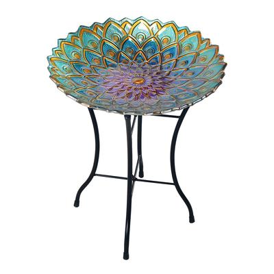 Peaktop Outdoor 18In Hand Painted Mosaic Flower Fusion Glass Bird Bath