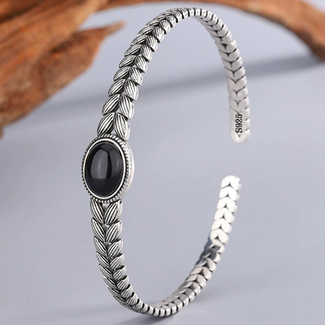 PANJBJ 925 Sterling Silber Schwarz Achat Armband Armreif für Frauen Blatt Pflanze Retro Aushöhlen Punk Schmuck Geschenk Dropshipping