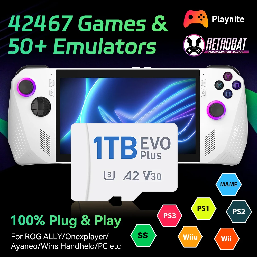 1 TB Spiel-TF-Karte für ROG ALLY/Rog ALLY X/Windows Handheld/PC-Spielekonsole für PS3/PS2/Switch/SS/PS1 mit 42600+ AAA/Retro-Spielen