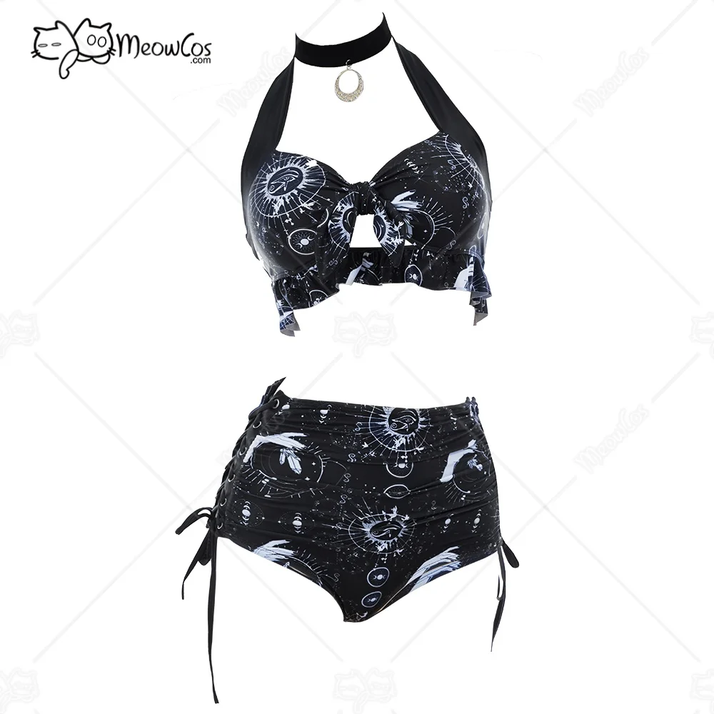 Meowcos Damen-Bikini-Set, Gothic, schwarzer Stern und Mond, bedruckt, Badeanzug, Hexen-Stil, Neckholder-Top, Höschen, zweiteiliger Badeanzug Image