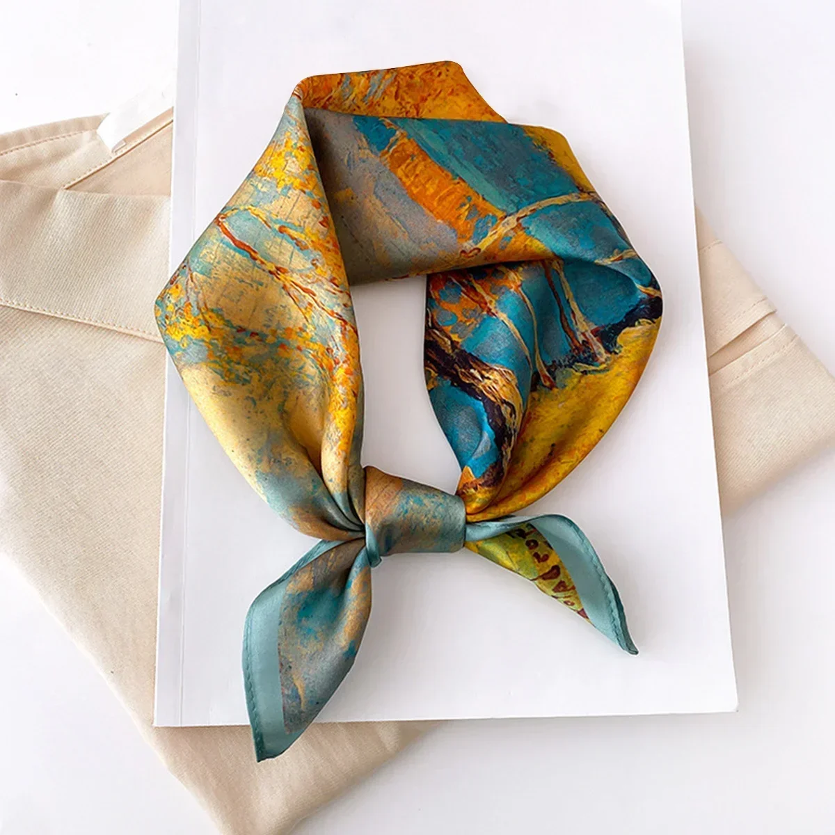 Halstuch mit Baum-Ölgemälde-Druck, klassischer quadratischer Schal aus Seidenimitat, atmungsaktiv, Bandana, Kopfwickel, Haar-Accessoires Image