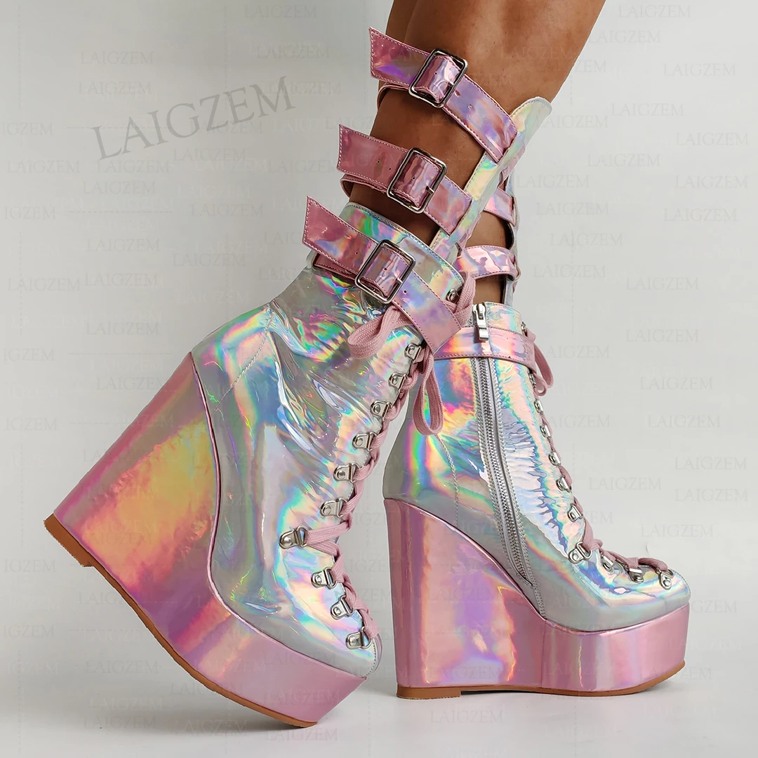 Laigzem Frauen Mid Calf Stiefel Plattform Keile Seite Reiß verschluss Höhe erhöhen hohe Stiefel Cosplay Schuhe Frau große Größe 41 43 45 47 52