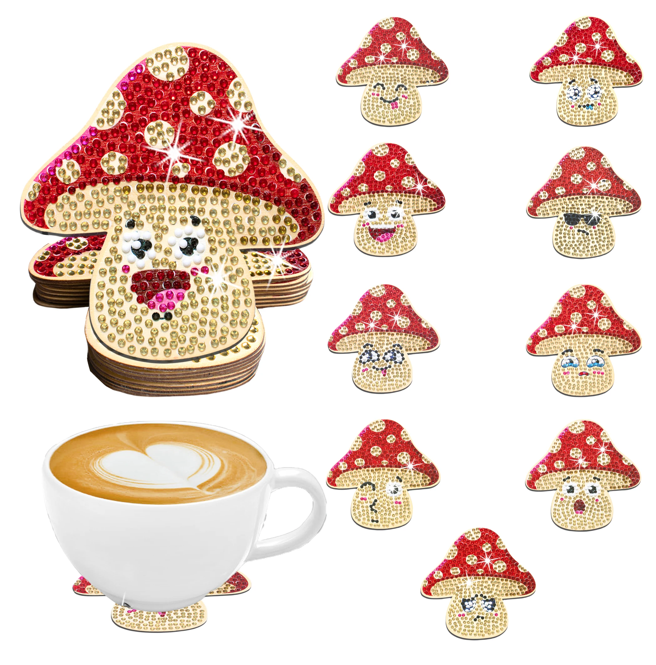 10-teiliger Mushroom Expression Series DIY Diamond Painting Untersetzer ohne Getränkehalter, rutschfester Holzuntersetzer für den Einsatz in der Küche und im Büro Image