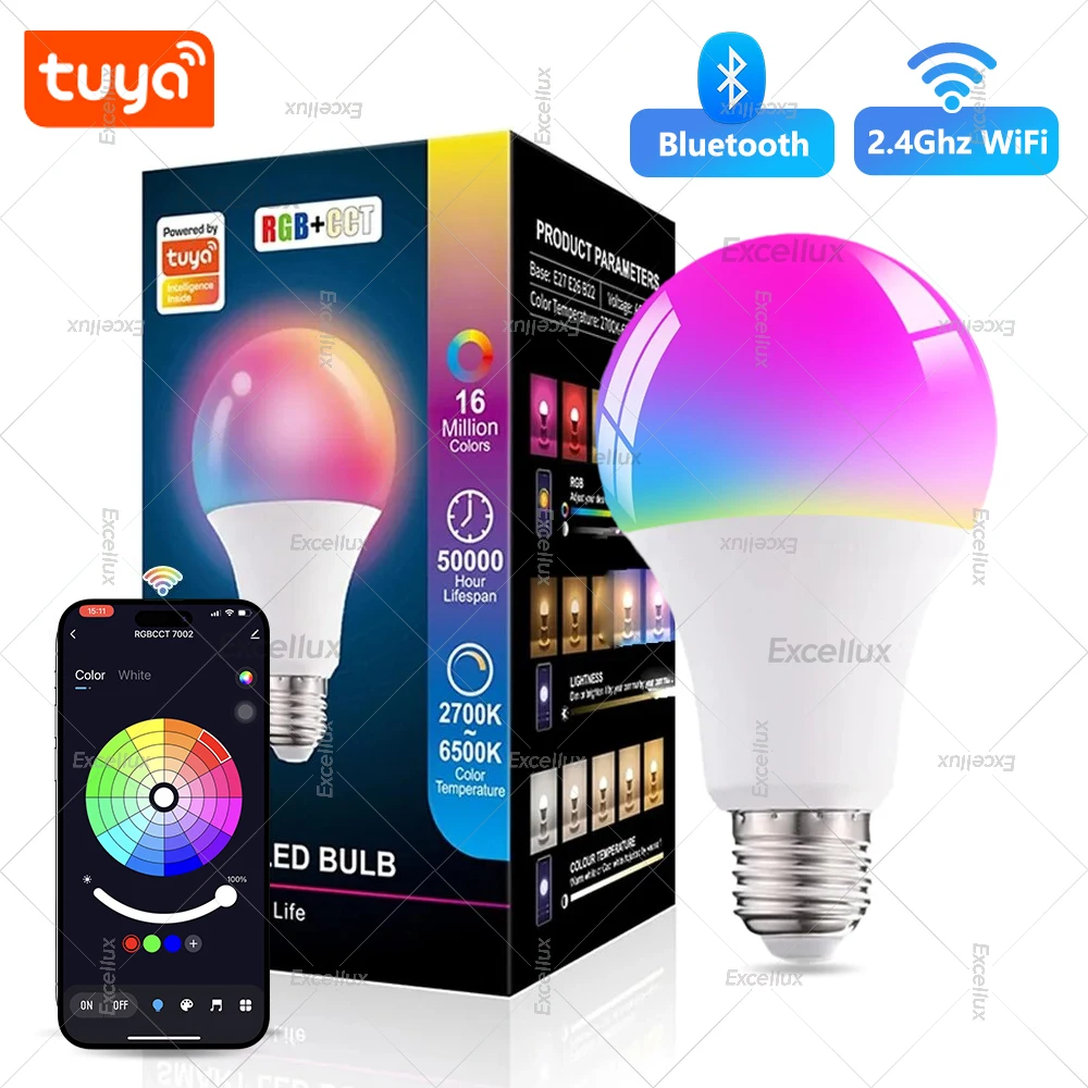 Tuya WiFi Bluetooth Smart Led Glühbirnen E27 15W 85-265V Dimmbare Smart Led Lampe RGB, 2700-6500K, Smart Life App, Stimme Mit Alexa Image