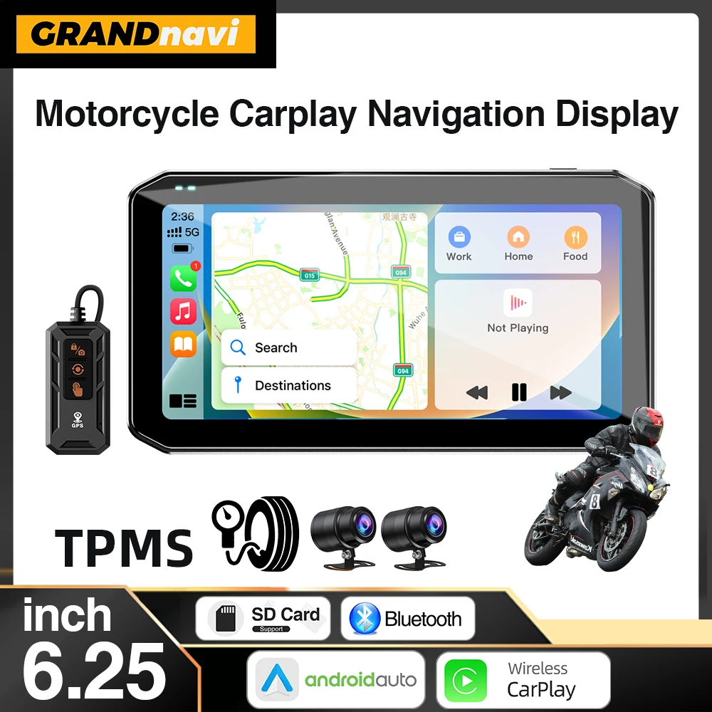 Tragbare 6,25 zoll IPX67 Wasserdichte Motorrad GPS Navigation Drahtlose Carplay Android Auto DVR Stick Recorder Moto Monitor Image